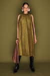 Buy_Stoique_Olive Green Silk Round Neck Stone Mysore Dress _at_Aza_Fashions