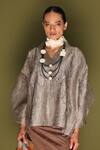 Buy_Stoique_Gray Silk V-neck Ripple Top _at_Aza_Fashions