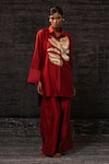 Shop Eeda Red Chanderi Silk Patchwork Collared Floral Pattern Shirt With Pant Online at Aza Fashions Shop_Eeda_Red Chanderi Silk Patchwork Collared Floral Pattern Shirt With Pant _Online_at_Aza_Fashions
