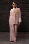Buy Eeda Blush Chanderi Silk Patchwork Collared Floral Pattern Shirt With Pant Buy_Eeda_Blush Chanderi Silk Patchwork Collared Floral Pattern Shirt With Pant
