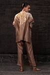 Shop_Eeda_Brown Chanderi Silk Patchwork Mandarin Collar Top With Pant _at_Aza_Fashions