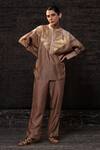 Shop_Eeda_Brown Chanderi Silk Patchwork Mandarin Collar Top With Pant _Online_at_Aza_Fashions