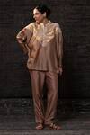 Eeda_Brown Chanderi Silk Patchwork Mandarin Collar Top With Pant _at_Aza_Fashions