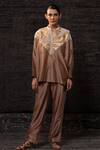 Buy_Eeda_Brown Chanderi Silk Patchwork Mandarin Collar Top With Pant _at_Aza_Fashions