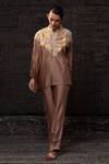 Shop_Eeda_Brown Chanderi Silk Patchwork Mandarin Collar Top With Pant 