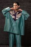 Shop Eeda Aqua Chanderi Silk Embroidery, Patchwork Mandarin Collar Top With Pant Online at Aza Fashions Shop_Eeda_Aqua Chanderi Silk Embroidery, Patchwork Mandarin Collar Top With Pant _Online_at_Aza_Fashions