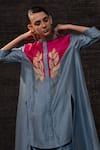 Buy_Eeda_Blue Chanderi Silk Embroidery Mandarin Collar Contrast Yoke Kurta With Pant _Online_at_Aza_Fashions