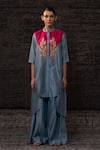 Shop_Eeda_Blue Chanderi Silk Embroidery Mandarin Collar Contrast Yoke Kurta With Pant _Online_at_Aza_Fashions