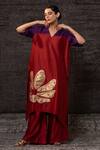 Eeda_Red Chanderi Silk Applique, Patchwork V-neck Floral Pattern Kurta With Palazzo _Online_at_Aza_Fashions