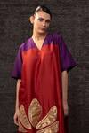 Shop_Eeda_Red Chanderi Silk Applique, Patchwork V-neck Floral Pattern Kurta With Palazzo _Online_at_Aza_Fashions