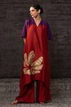 Buy_Eeda_Red Chanderi Silk Applique, Patchwork V-neck Floral Pattern Kurta With Palazzo 