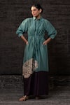 Eeda_Aqua Chanderi Silk Applique Collared Floral Pattern Shirt Dress _at_Aza_Fashions