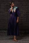 Buy_Eeda_Purple Chanderi Silk Embroidery Collared Contrast Yoke Dress _Online_at_Aza_Fashions