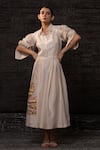 Shop_Eeda_Ivory Chanderi Silk Patchwork, Embroidery Collared Floral Pattern Dress _Online_at_Aza_Fashions