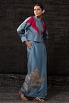 Shop_Eeda_Blue Chanderi Silk Patchwork, Embroidery, Sequins Color Block Jacket With Skirt _Online_at_Aza_Fashions