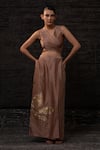 Eeda_Rose Gold Chanderi Silk Patchwork Notched Neck Vest With Skirt _at_Aza_Fashions