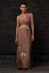 Buy_Eeda_Rose Gold Chanderi Silk Patchwork Notched Neck Vest With Skirt 