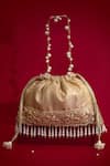 Shop_Amyra_Beige Pearls, Tassels, Lace, Beads, Crystals Vivaah Embellished Potli - _at_Aza_Fashions