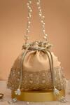 Shop_Amyra_Peach Cut Work, Pearls, Tassels, Lace Geet Brocade Embellished Potli - _at_Aza_Fashions