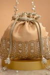 Amyra_Peach Cut Work, Pearls, Tassels, Lace Geet Brocade Embellished Potli - _at_Aza_Fashions