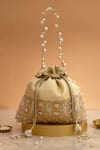 Shop_Amyra_Cream Cut Work, Pearls, Tassels, Embroidery Geet Brocade Embellished Potli - _at_Aza_Fashions
