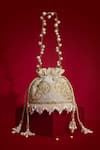 Amyra_Beige Pearls, Embroidery, Tassels, Beads Sehra Mini Potli - _Online_at_Aza_Fashions