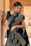 Shop_Naintara Bajaj_Black Silk, Brocade Zari Sweetheart Neck Flower Woven Saree With Blouse 