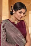 Naintara Bajaj Maroon Brocade, Silk Zari Boat Neck Flora Woven Saree With Blouse at Aza Fashions Naintara Bajaj_Maroon Brocade, Silk Zari Boat Neck Flora Woven Saree With Blouse _at_Aza_Fashions