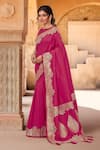 Samyukta Singhania_Pink Brocade, Silk Zari, Tassels Boat Neck Bloom Woven Saree With Blouse _Online_at_Aza_Fashions