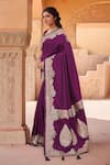 Shop_Samyukta Singhania_Purple Brocade, Silk Zari, Tassels V-neck Flora Pattern Saree With Blouse 