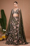 Buy_Ahi Clothing_Olive Green Organza Embroidery, Mirrors, Sequins Floral Pattern Lehenga Set _at_Aza_Fashions