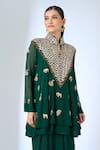 Shop_Samyukta Singhania_Green Georgette Embroidery Mandarin Collar, Elephant Motif Tunic With Skirt _Online_at_Aza_Fashions