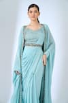 Samyukta Singhania_Sky Blue Chinon Embroidery V-, Open Cape And Pre-draped Saree Set _Online_at_Aza_Fashions