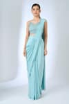Buy_Samyukta Singhania_Sky Blue Chinon Embroidery V-, Open Cape And Pre-draped Saree Set _Online_at_Aza_Fashions