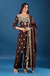 Samyukta Singhania_Brown Silk, Organza Embroidery, Sequins, Zari Round Neck Butti Kurta Set _Online_at_Aza_Fashions