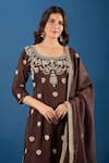 Samyukta Singhania_Brown Silk, Organza Embroidery, Sequins, Zari Round Neck Butti Kurta Set _at_Aza_Fashions