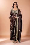 Buy_Samyukta Singhania_Brown Silk, Organza Embroidery, Sequins, Zari Round Neck Butti Kurta Set _at_Aza_Fashions