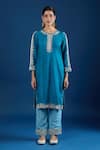Buy_Samyukta Singhania_Teal Silk, Organza Embroidery, Sequins, Zari Round Neck Kurta Set _Online_at_Aza_Fashions