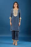Samyukta Singhania_Charcoal Silk, Organza Embroidery, Zari Round Neck Yoke Kurta Set _Online_at_Aza_Fashions