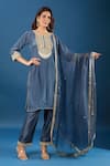 Shop_Samyukta Singhania_Charcoal Silk, Organza Embroidery, Zari Round Neck Yoke Kurta Set _Online_at_Aza_Fashions