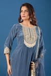 Samyukta Singhania_Charcoal Silk, Organza Embroidery, Zari Round Neck Yoke Kurta Set _at_Aza_Fashions