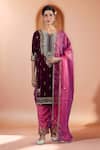Buy_Samyukta Singhania_Wine Velvet, Organza Zari, Pearls, Embroidery, Gota Patti Split V-neck Kurta Set _at_Aza_Fashions