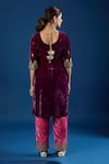 Shop_Samyukta Singhania_Wine Velvet, Organza Zari, Pearls, Embroidery, Gota Patti Split V-neck Kurta Set _at_Aza_Fashions