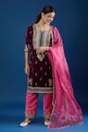 Samyukta Singhania_Wine Velvet, Organza Zari, Pearls, Embroidery, Gota Patti Split V-neck Kurta Set _Online_at_Aza_Fashions