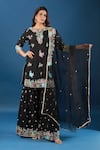 Buy_Samyukta Singhania_Black Silk, Organza Embroidery, Pearls, Zari Split V-neck Floral Kurta Set _Online_at_Aza_Fashions