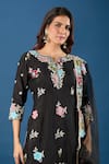 Shop_Samyukta Singhania_Black Silk, Organza Embroidery, Pearls, Zari Split V-neck Floral Kurta Set _Online_at_Aza_Fashions