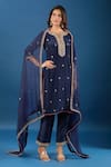 Samyukta Singhania_Navy Silk, Organza Embroidery, Zari, Stones Split V-neck Butti Kurta Set _at_Aza_Fashions