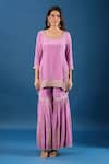 Shop_Samyukta Singhania_Purple Crepe, Organza Embroidery, Zari, Sequins Round Yoke Kurta Gharara Set _Online_at_Aza_Fashions