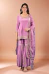 Buy_Samyukta Singhania_Purple Crepe, Organza Embroidery, Zari, Sequins Round Yoke Kurta Gharara Set _at_Aza_Fashions