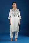 Buy_Samyukta Singhania_Off White Satin, Organza Embroidery, Sequins, Zari Mandarin Floral Kurta Set _Online_at_Aza_Fashions
